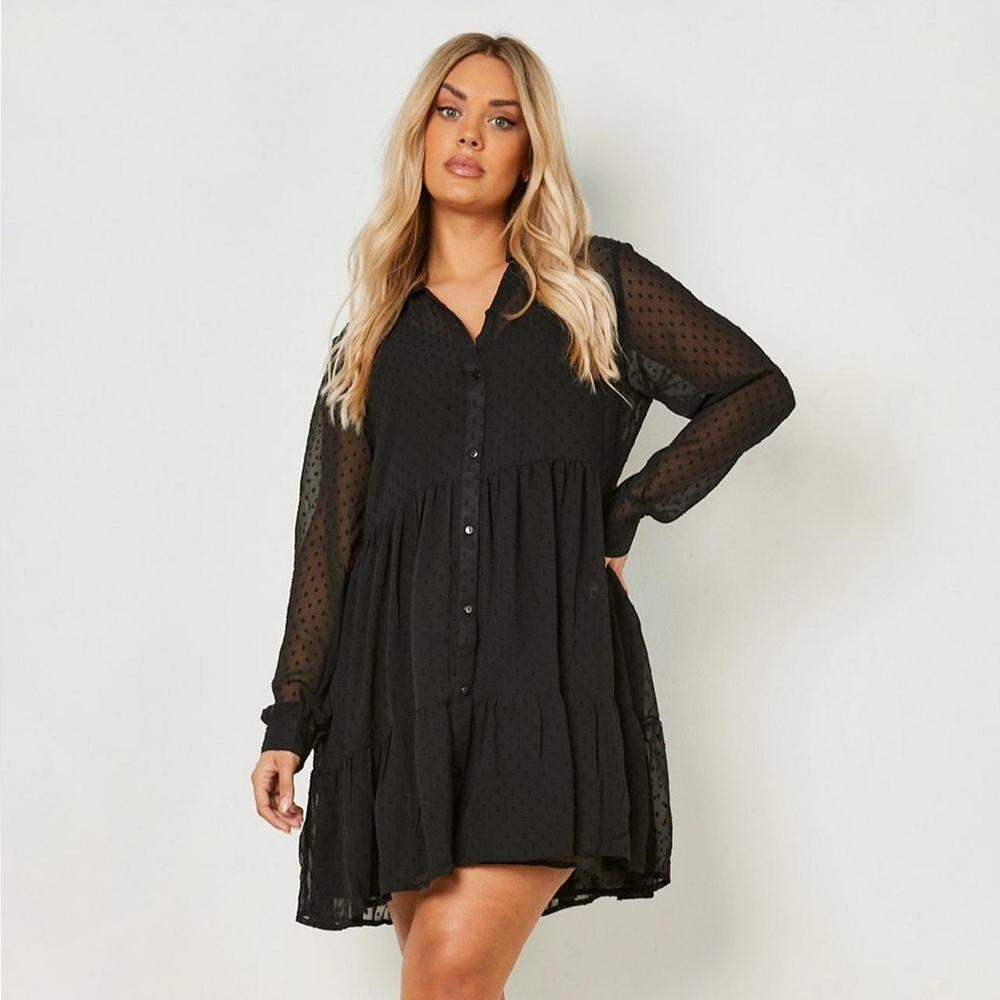 BOOHOO Long Sleeve Dobby Tiered Dress